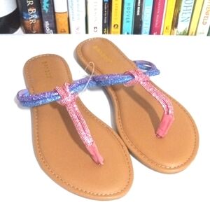BAMBOO RHINESTONE THONG SANDALS Pink Blue Purple Flat Strappy Sandals SIZE 10 NW